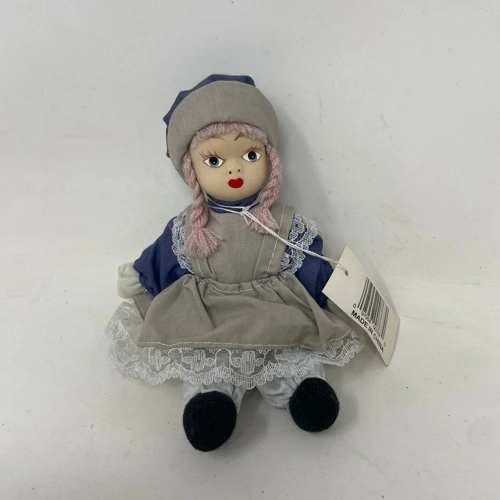 Vintage Porcelain Head Sitting Dolls Trio Lace Aprons Yarn Hair Set of 3